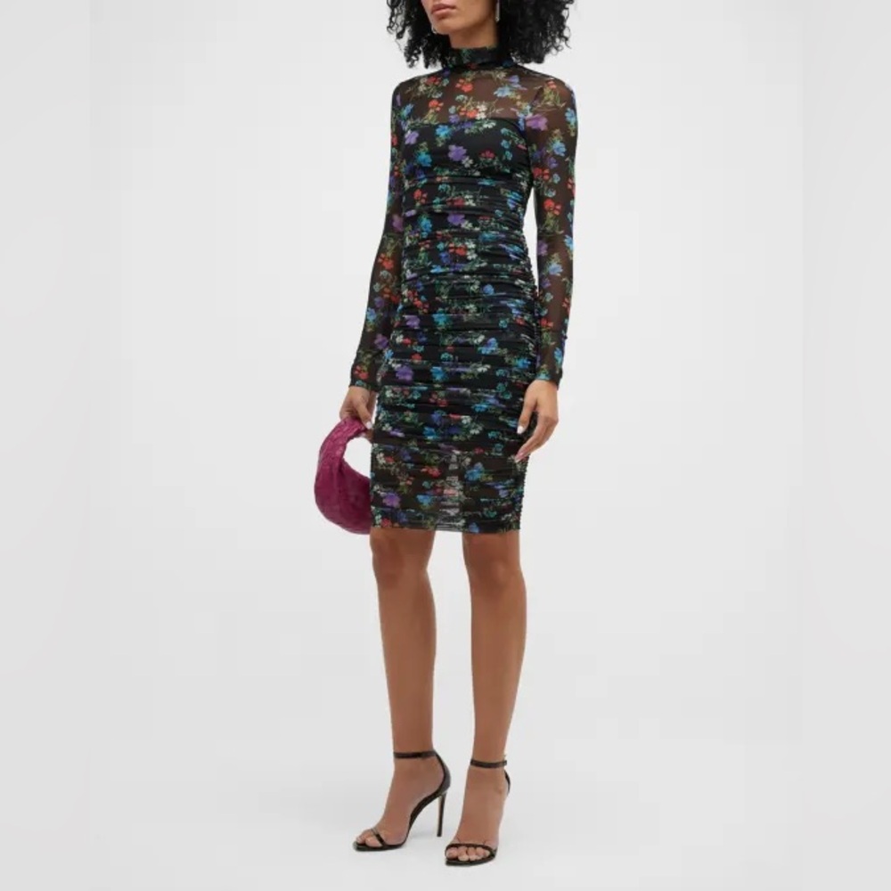 ALICE + OLIVIA Delora Black Floral Ruched Bodycon Long-sleeved Dress in size 0